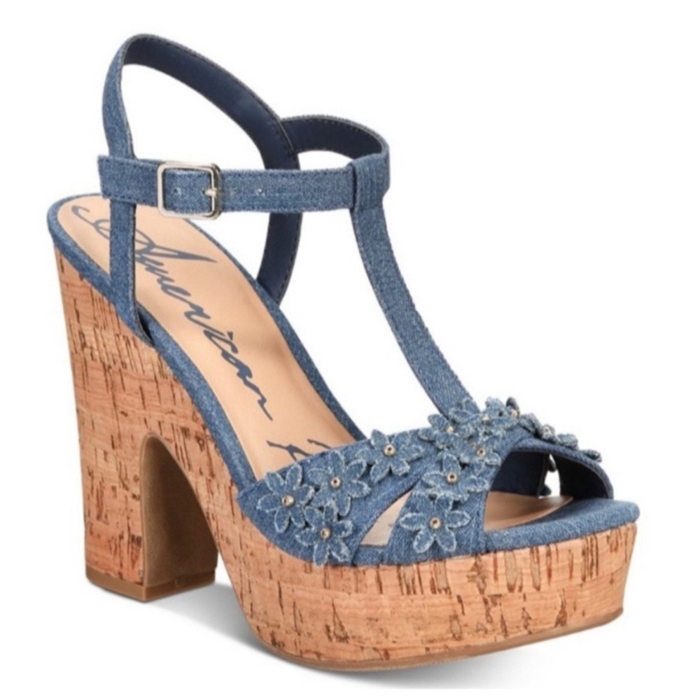 Like New American Rag Jamie Blue Denim Flower Appliqué T-Strap Platform Sandals